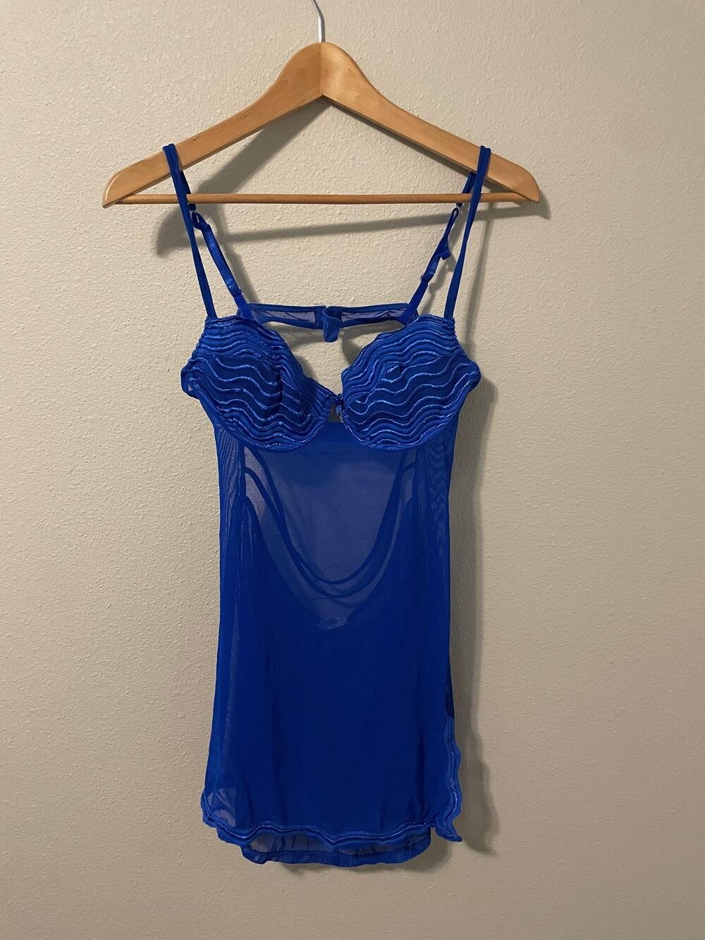 Fredericks Of Hollywood Babydoll Gown Womens Large Blue Mesh Sheer Lingerie Y2K